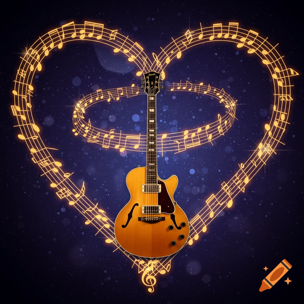 A brown electric guitar surrounded by glowing golden musical notes forming a heart shape against a dark blue bokeh background.
