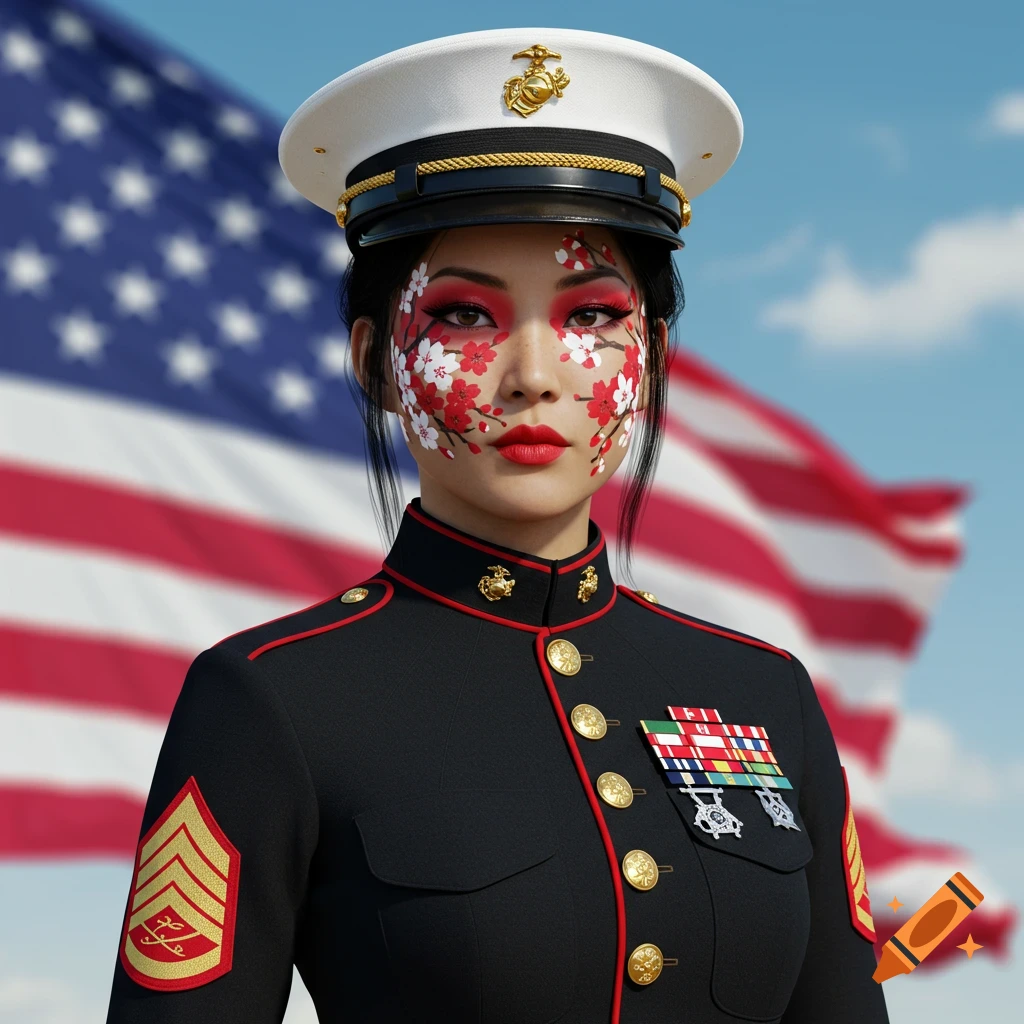 A young Asian woman in a US Marine Corps dress uniform and hat, with cherry blossom face paint, stands against a blurred American flag in a photorealistic style.