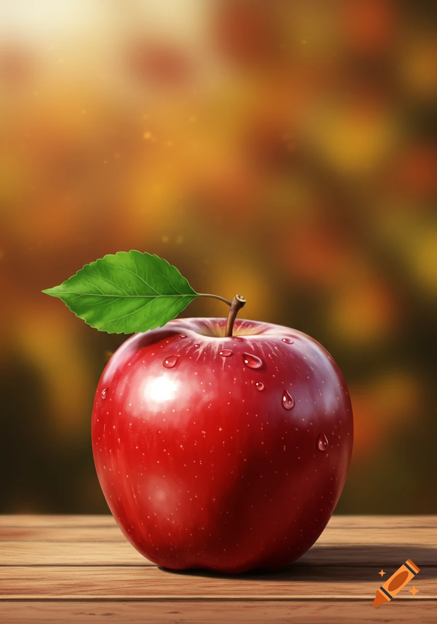 A vibrant red apple with a green leaf and water droplets rests on a wooden table, with a blurred autumn background.