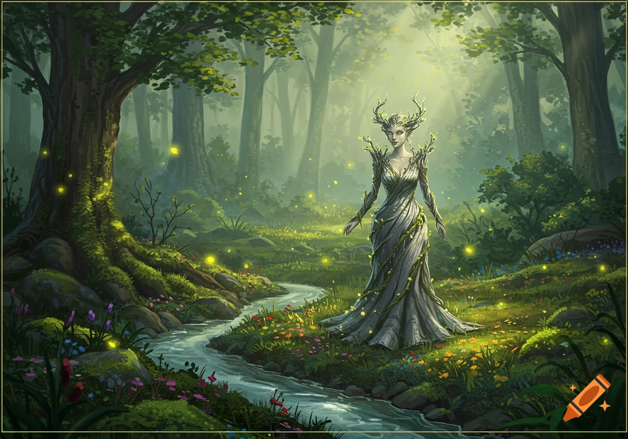 A fantasy forest spirit with horns and a vine-wrapped dress stands by a stream in a magical, sunlit forest filled with glowing fireflies.