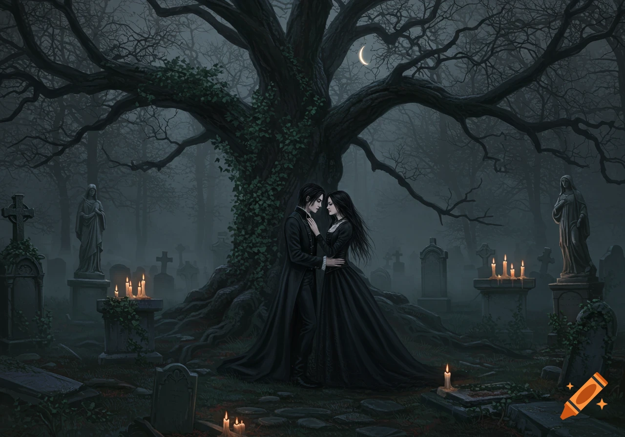 A gothic couple embraces in a foggy cemetery under a crescent moon, surrounded by tombstones, candles, and a large, ancient tree.