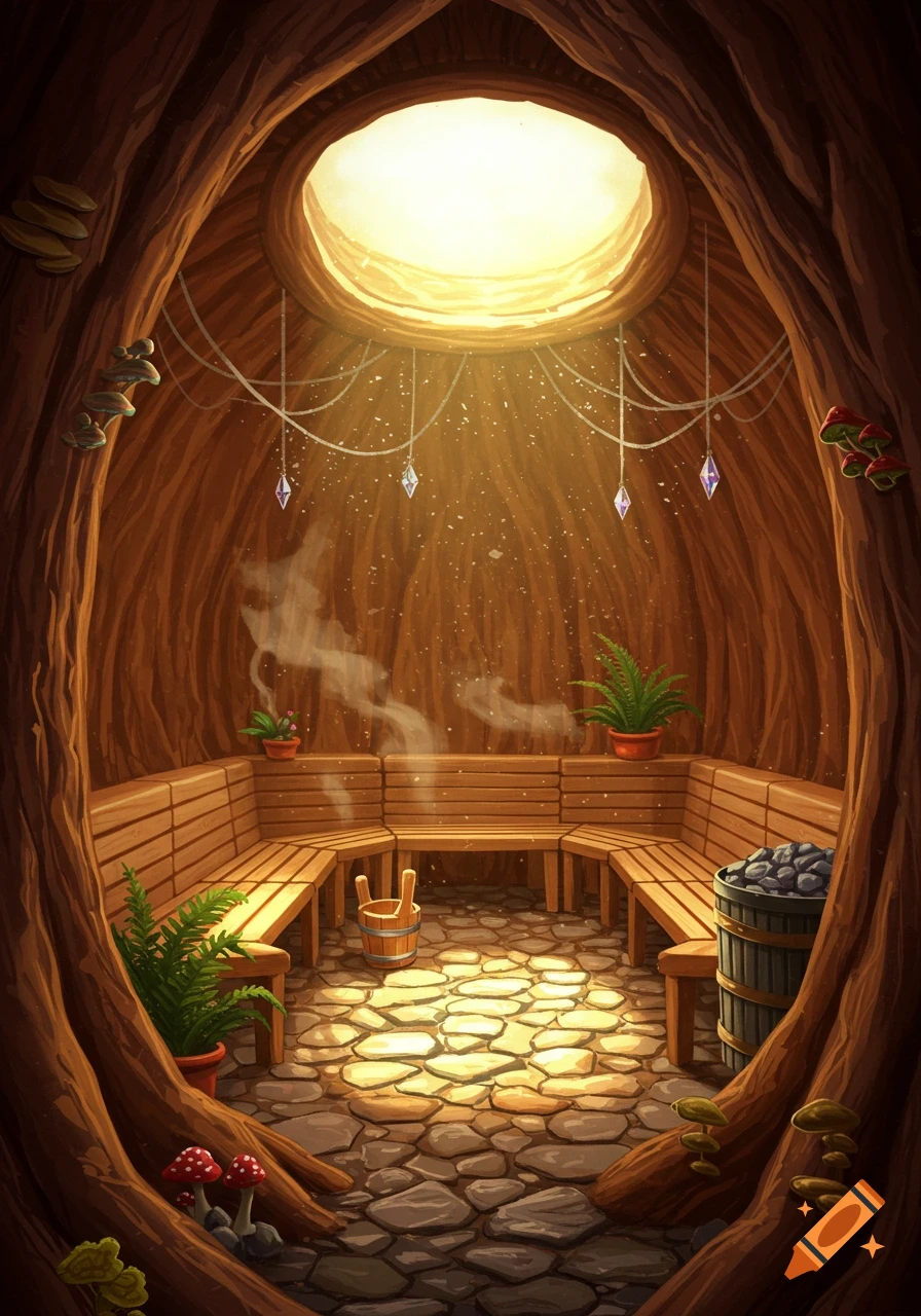 Cozy fantasy sauna lounge inside a tree, with wooden benches, a stone floor lit by a roof window, and rising steam.