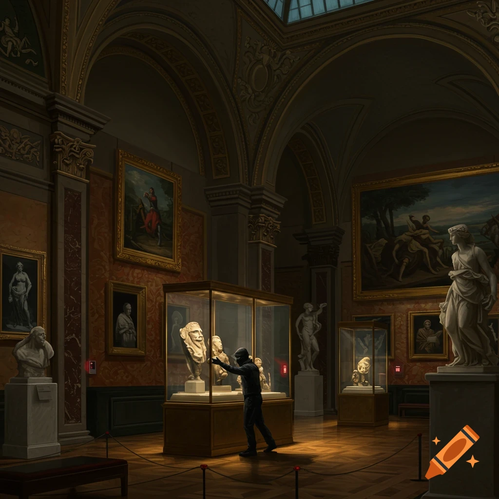 A person wearing dark clothing reaches into a glass display case containing sculptures in a dimly lit museum hall, reminiscent of a robbery scene.