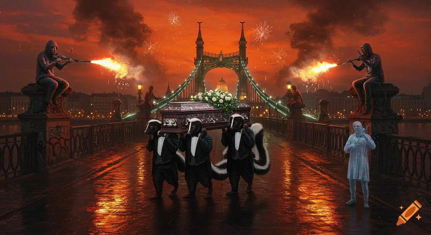 Three anthropomorphic skunks in tuxedos carry a coffin across Budapest's Liberty Bridge at twilight, with figures shooting flames from violins and fireworks in the blood-orange sky, in a surreal style.