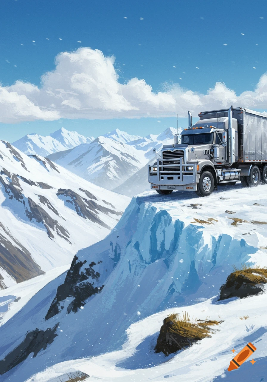 A semi-truck on a snowy, icy cliff overlooking a vast mountain range under a blue sky, in a digital painting style.
