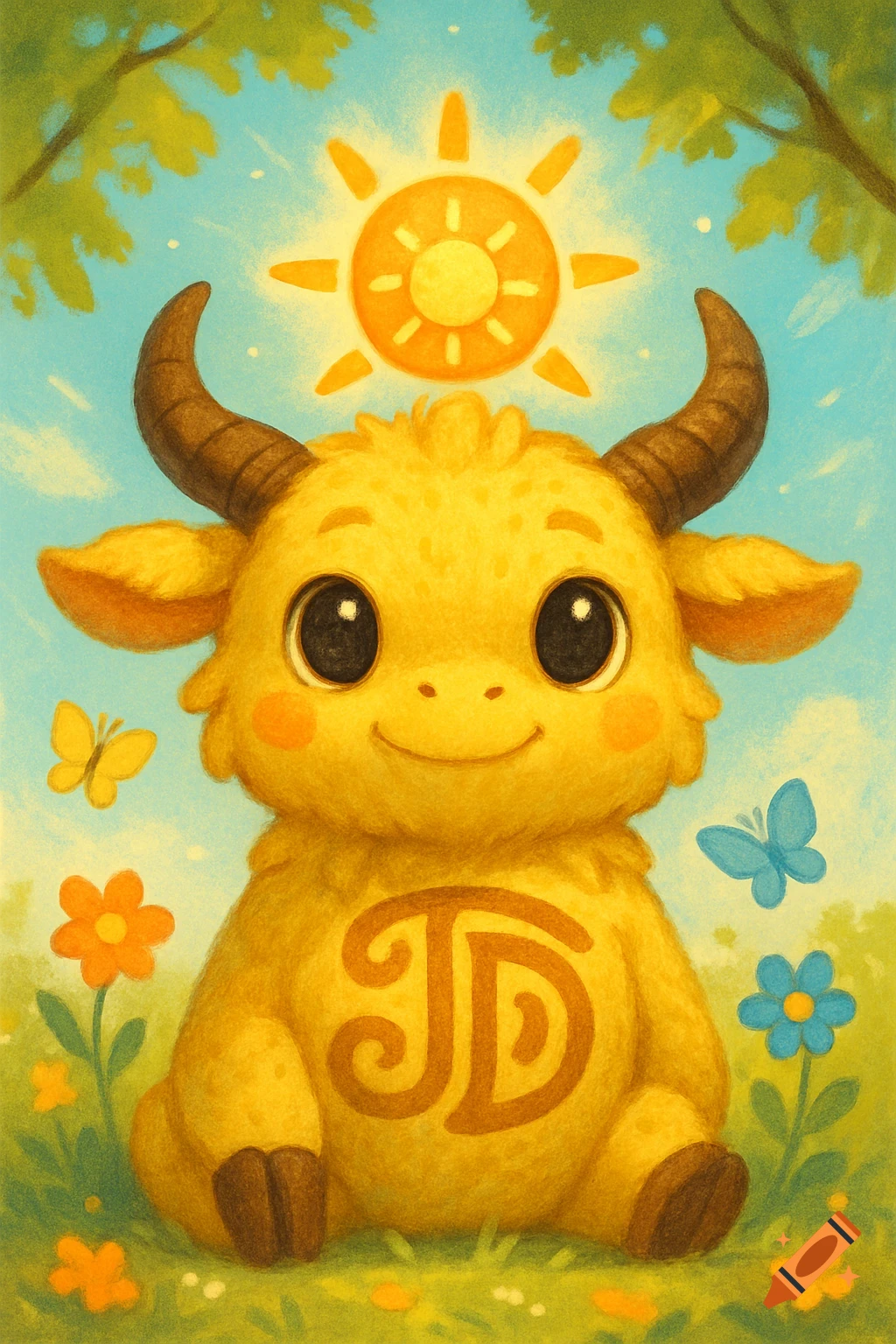 Cute yellow horned monster with big eyes and 'JD' on its body, under a sunny sky with flowers and butterflies, in a vibrant illustration style.
