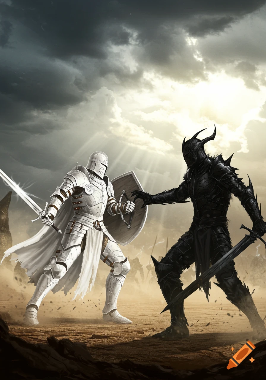 A white knight with a sword and shield confronts a horned black knight with a sword in a dusty, dramatic landscape.