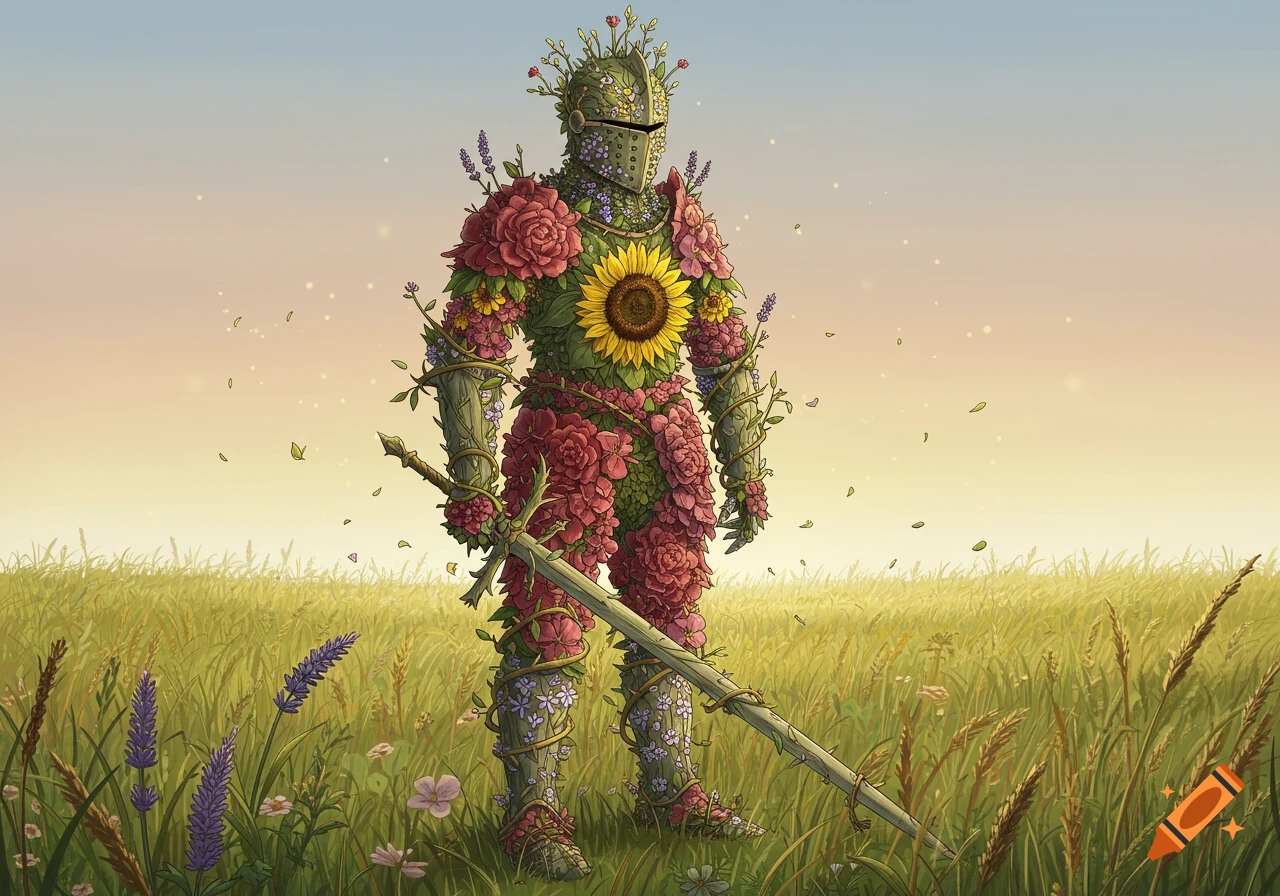 A drawing of a knight made of red roses, sunflowers, and green vines, holding a sword, standing in a sunlit grassy field.
