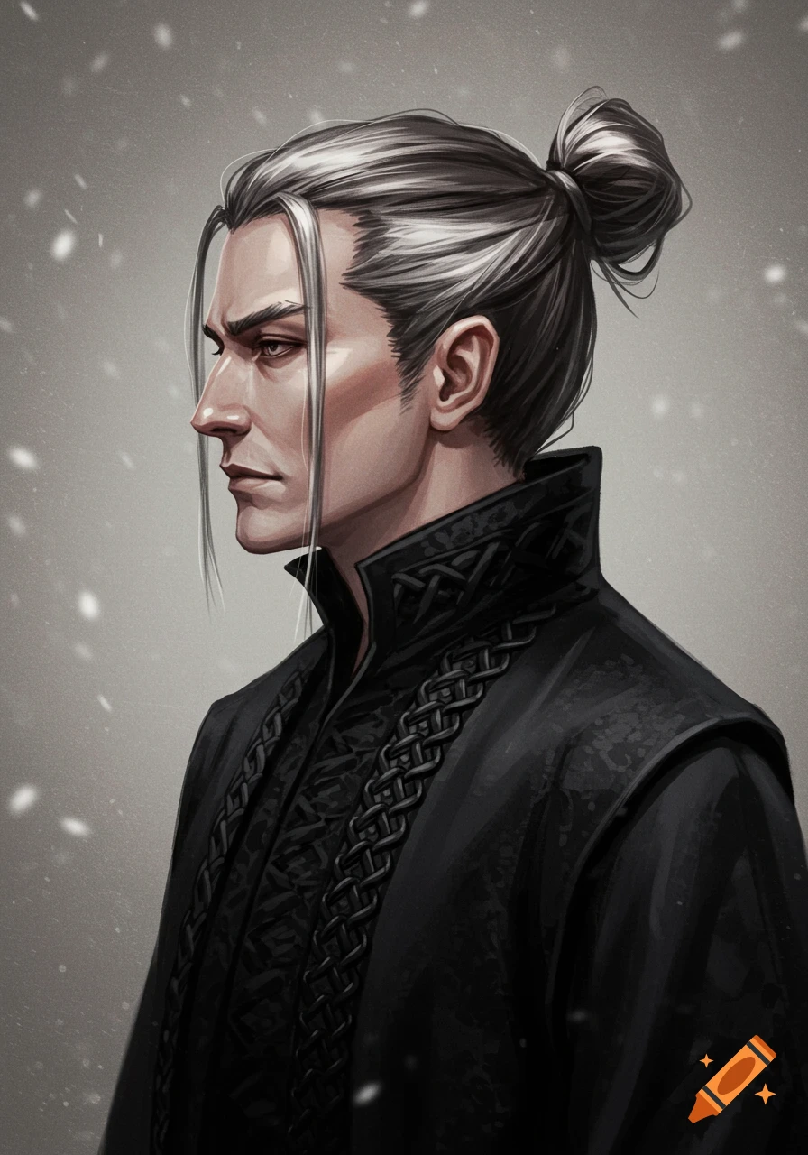 Side profile illustration of a man with grey-streaked hair tied in a bun, wearing a black coat with braided trim, in a snowy setting.