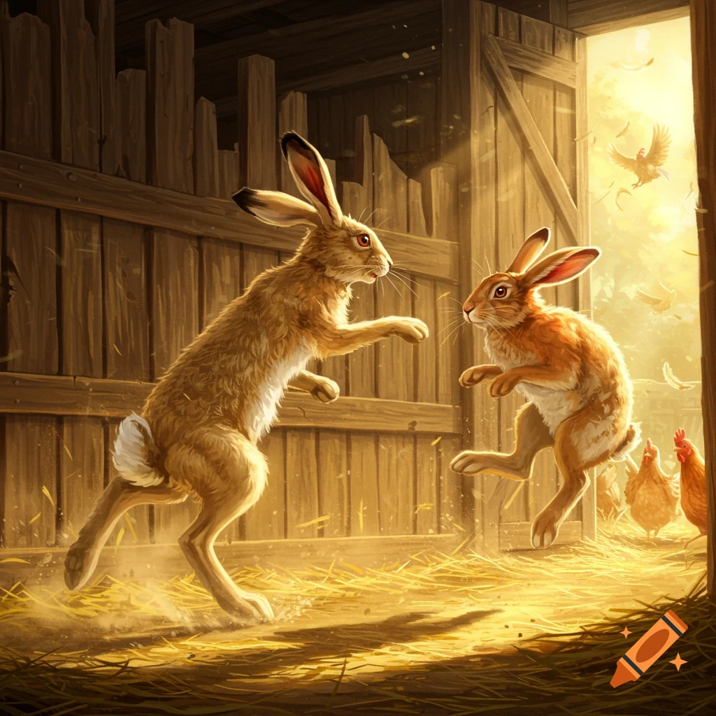 Two rabbits in a dynamic, boxing-like stance inside a sunlit barn, surrounded by straw, with chickens and flying feathers in the background.
