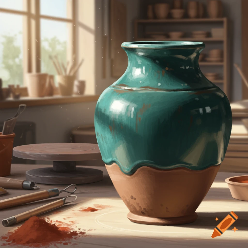 A teal and brown ceramic vase sits on a wooden table in a sunlit pottery studio with tools and clay dust. Painterly style.