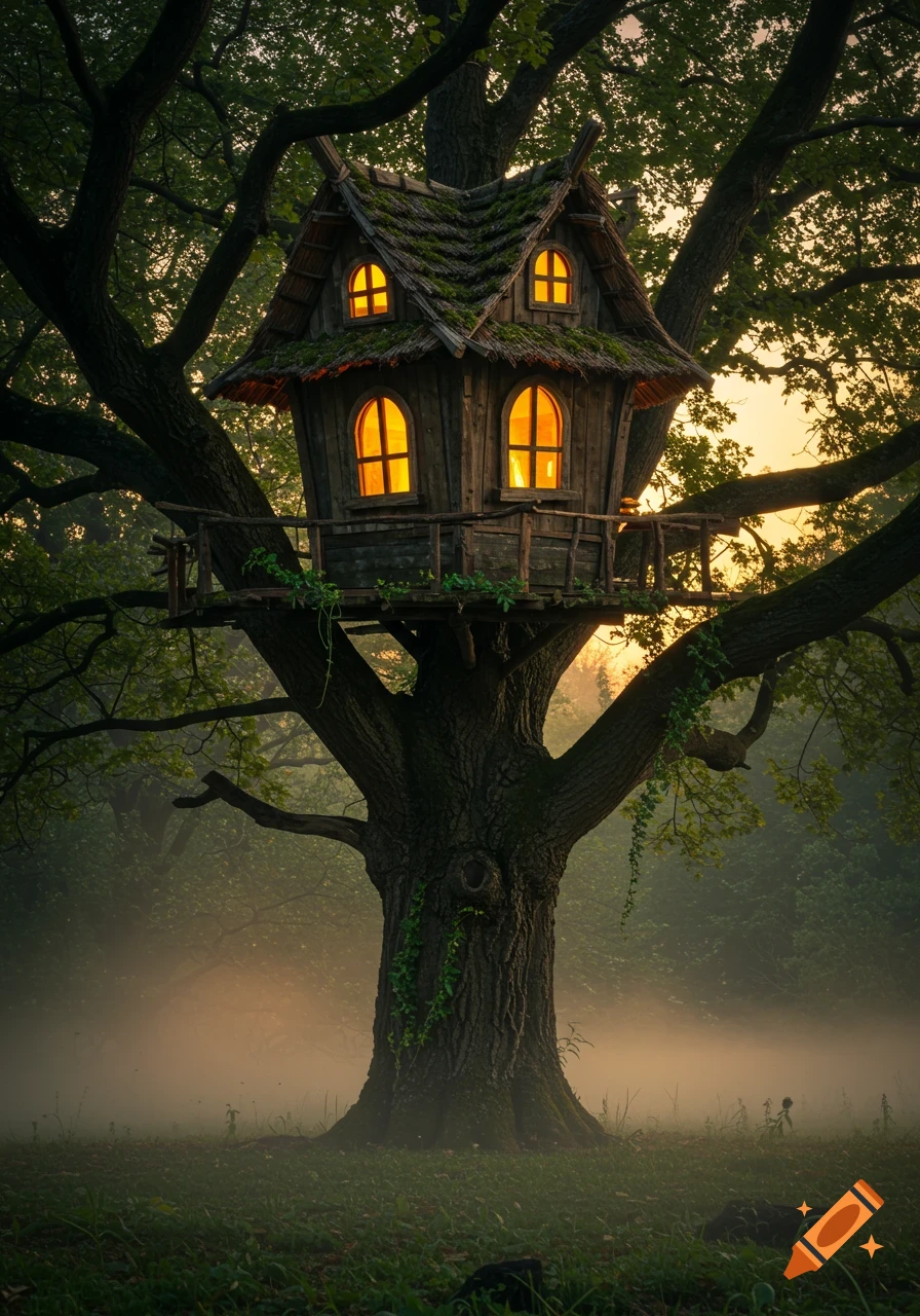 A detailed treehouse built into a large tree in a misty forest, with ...