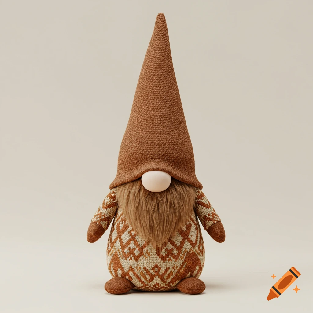 A decorative plush gnome with a brown hat, beard, and a body featuring a fall-themed cozy fabric design in neutral autumn tones.