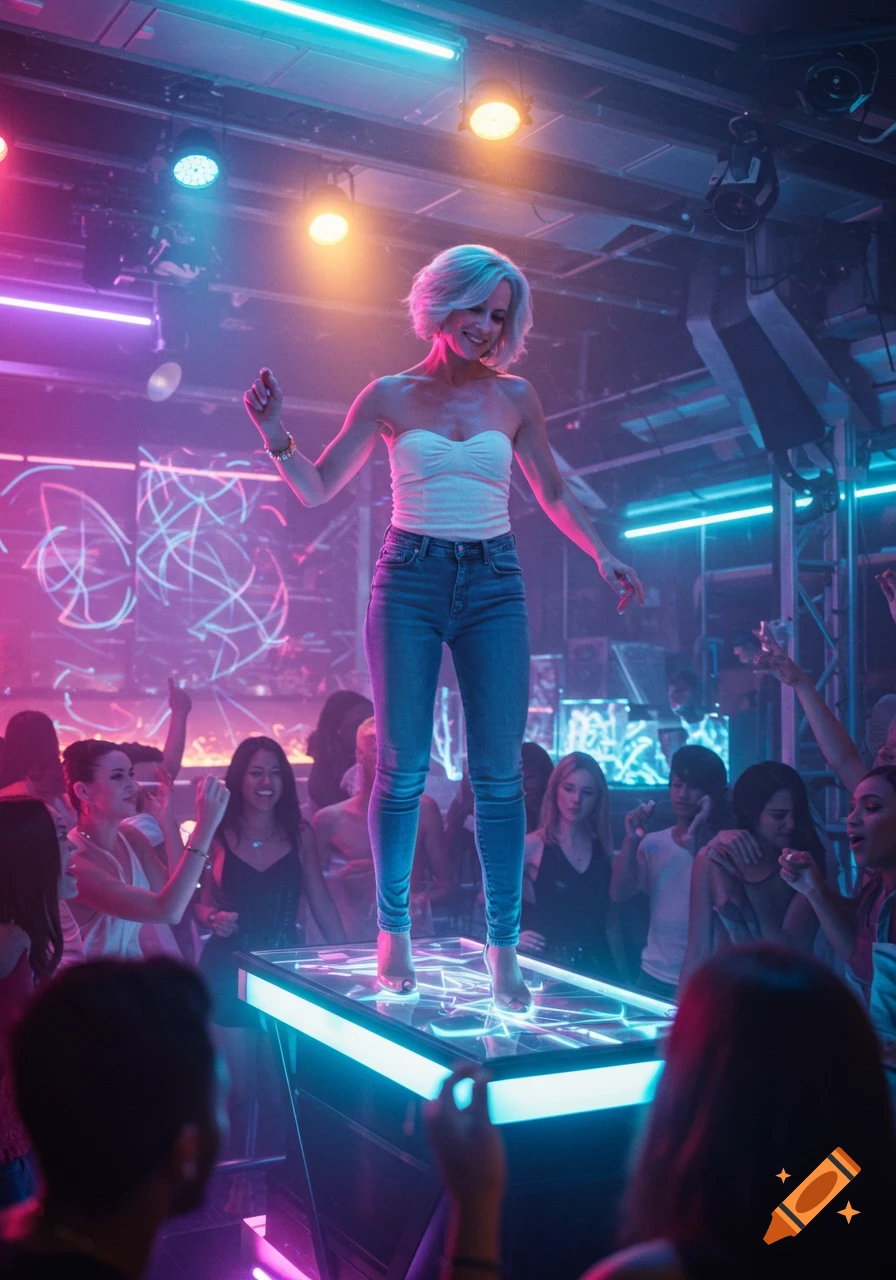 A smiling woman with short white hair, wearing a white tube top and jeans, dances on a glowing table in a futuristic nightclub filled with neon lights.