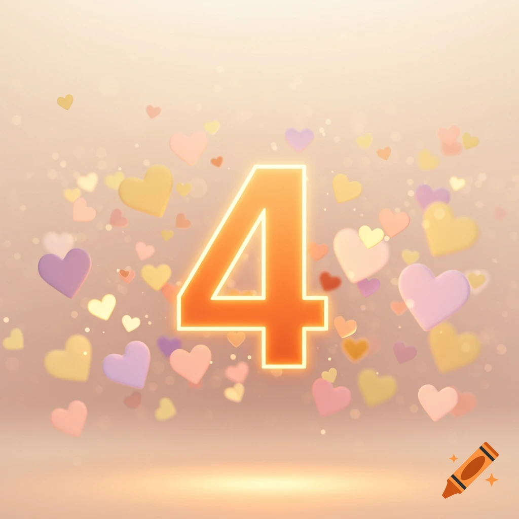 An orange glowing number 4 against a soft, light background, surrounded by numerous floating pastel-colored hearts.