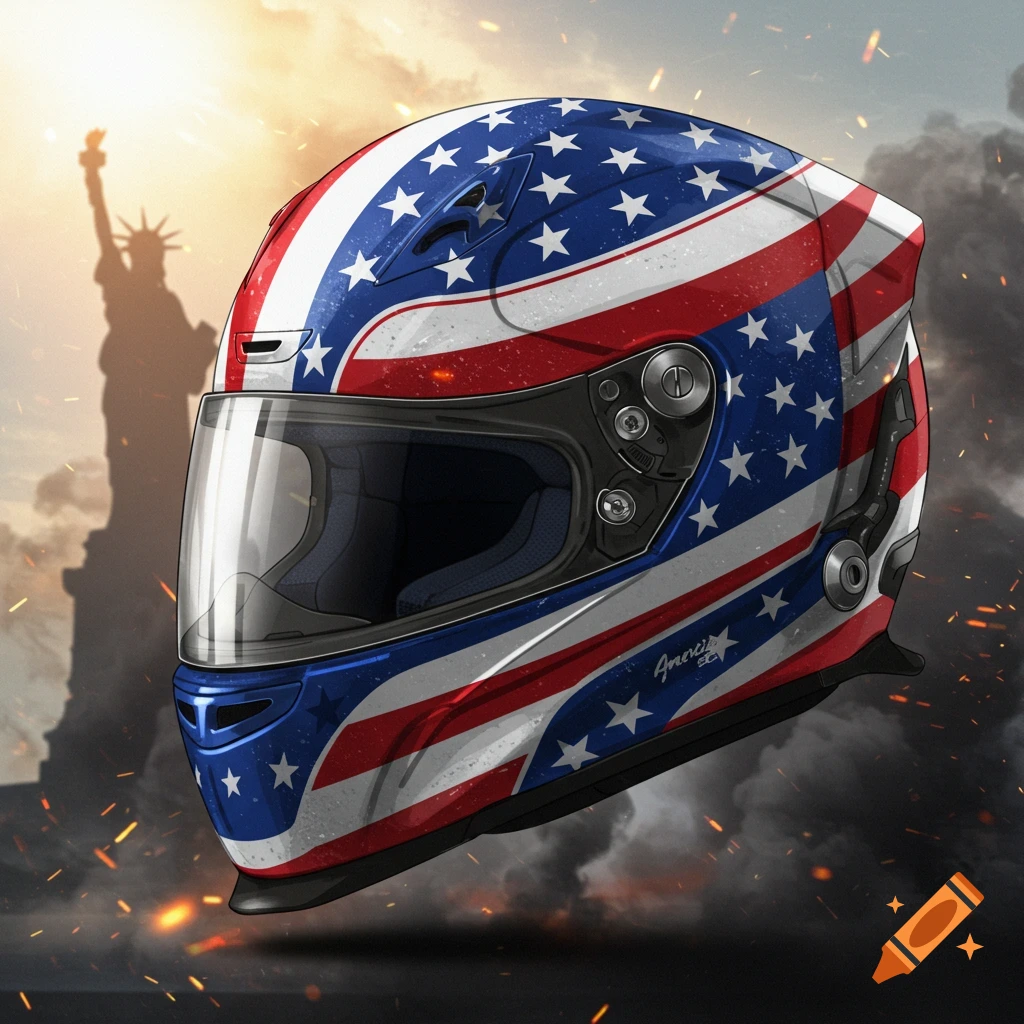 A stylized American flag racing helmet with the Statue of Liberty, smoke, and sparks in the background.