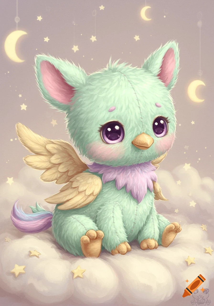 A super cute, fluffy, mint green griffin stuffed animal with purple eyes and golden wings sits on a cloud under a starry, moonlit sky.