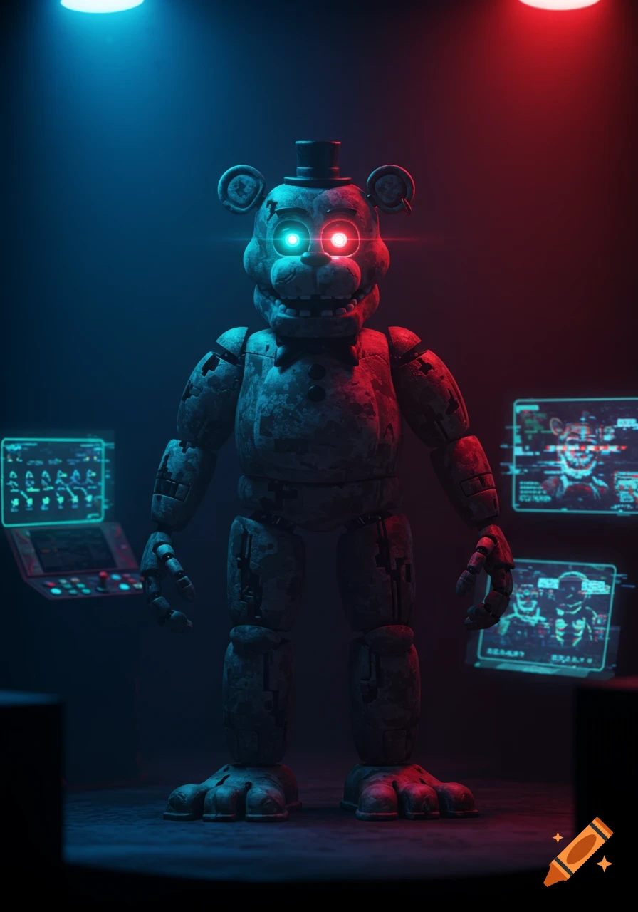 A dark, weathered animatronic bear with glowing red and blue eyes stands between monitors in a dimly lit room with red and blue lights.