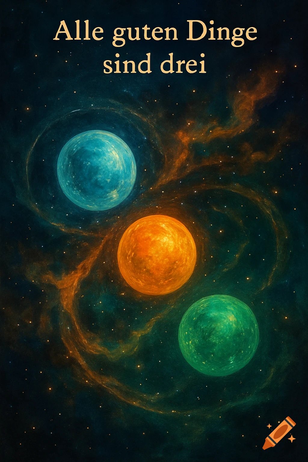 Three colorful planets (blue, orange, green) in a starry nebula, with the German phrase 'Alle guten Dinge sind drei' at the top.