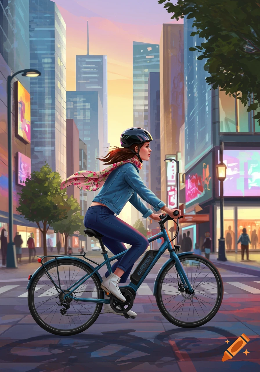 A woman in a helmet and casual clothes rides an e-bike through a vibrant city street with tall buildings at sunset, in an illustrated style.