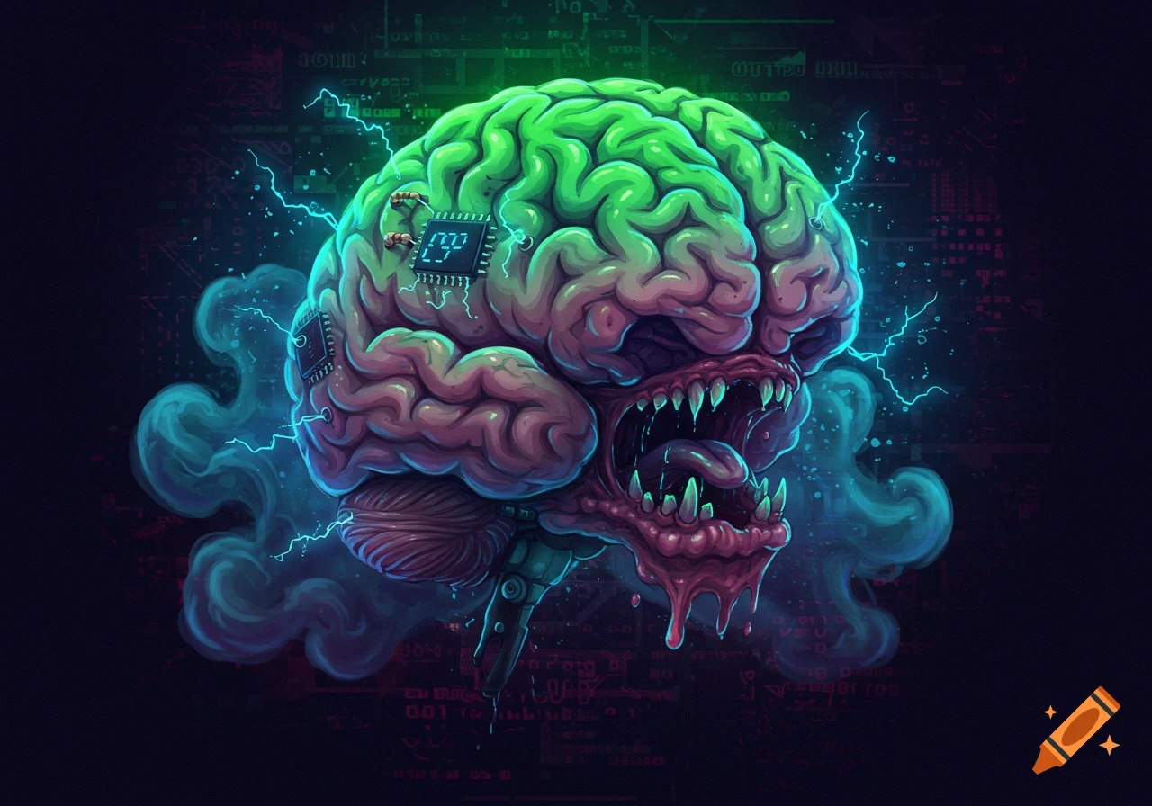 A stylized monstrous brain, half green and half pink, with sharp teeth and dripping goo, has computer chips embedded and is surrounded by blue smoke and lightning on a dark digital background.