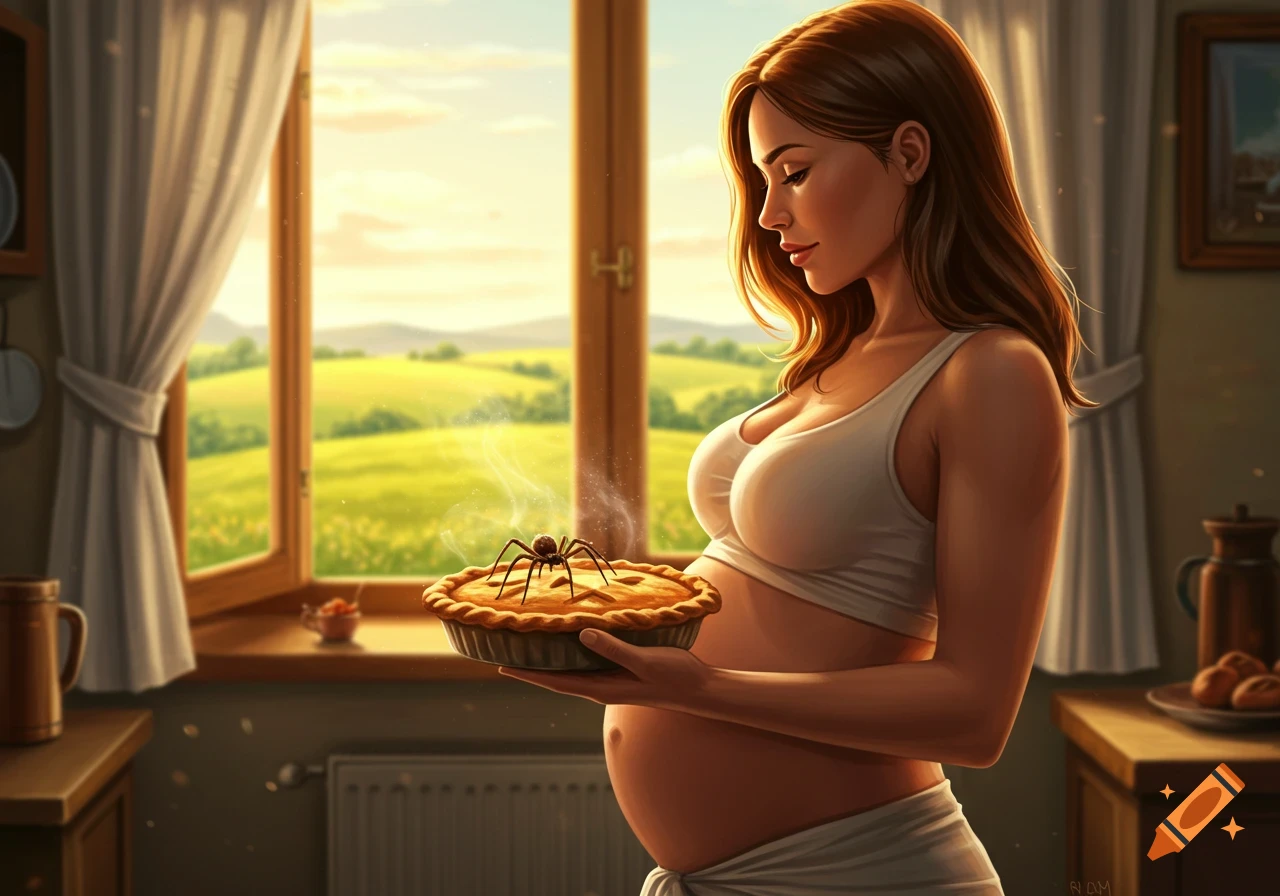 A pregnant woman in a white bralette holds a pie with a spider on it, standing in a sunny kitchen overlooking a green landscape. Digital art.