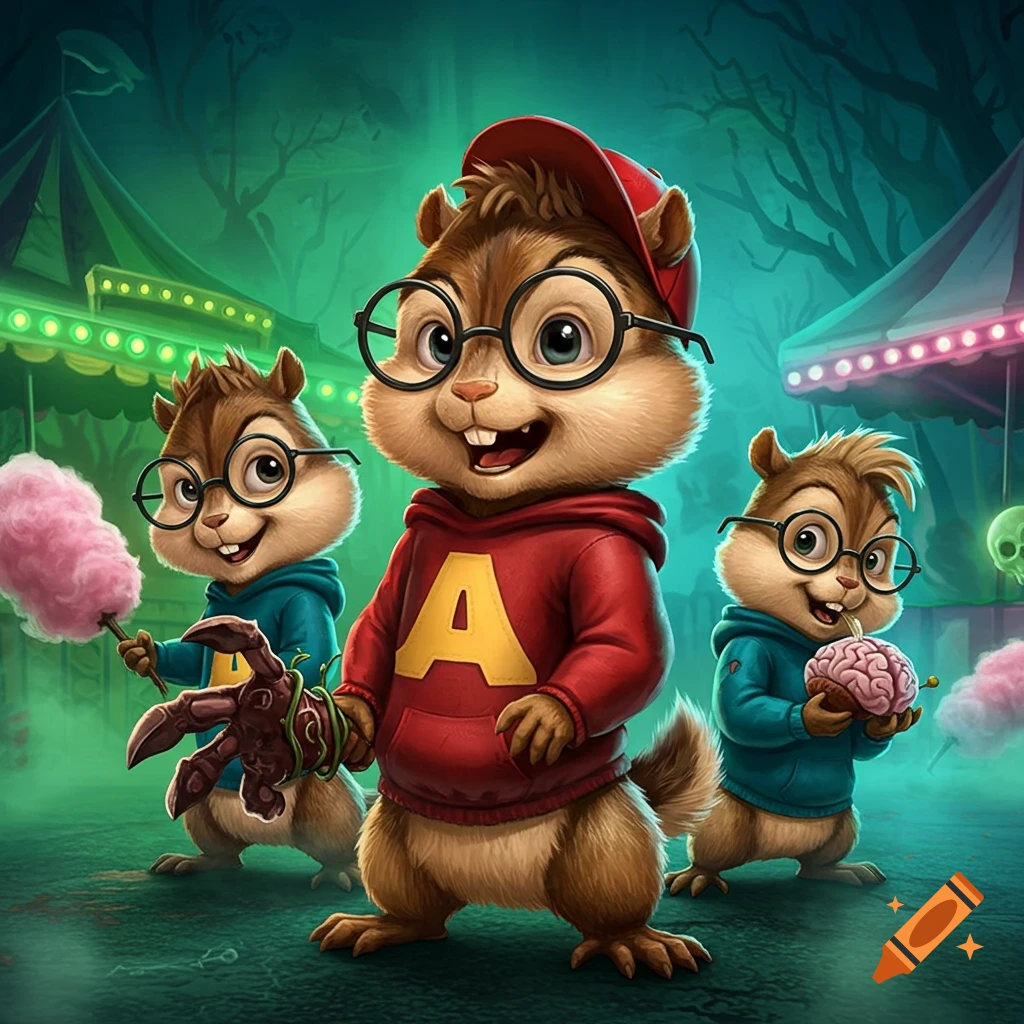 Three cartoon chipmunks with glasses in a spooky carnival, one in a red 'A' hoodie holds a zombie claw, another holds a brain, and one has pink cotton candy.