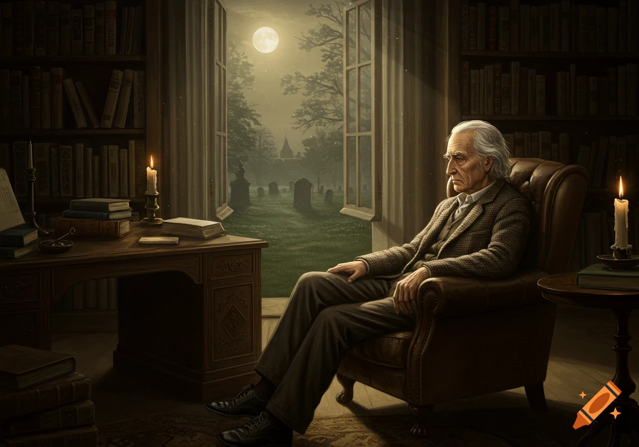 An old man sits in a study at night, looking out a window at a full moon over a graveyard.