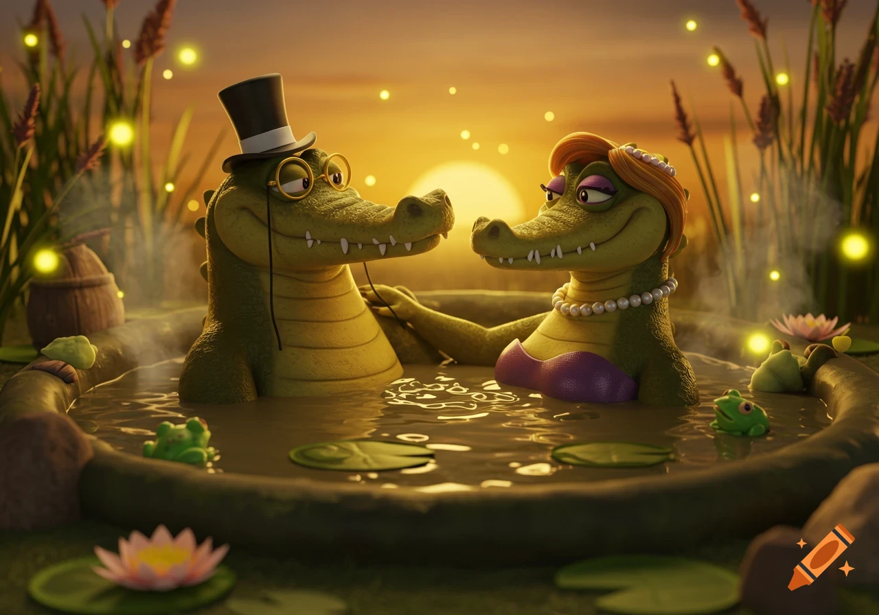 A 3D animated cartoon of two anthropomorphic crocodiles relaxing in a mud hot tub with fireflies at sunset.