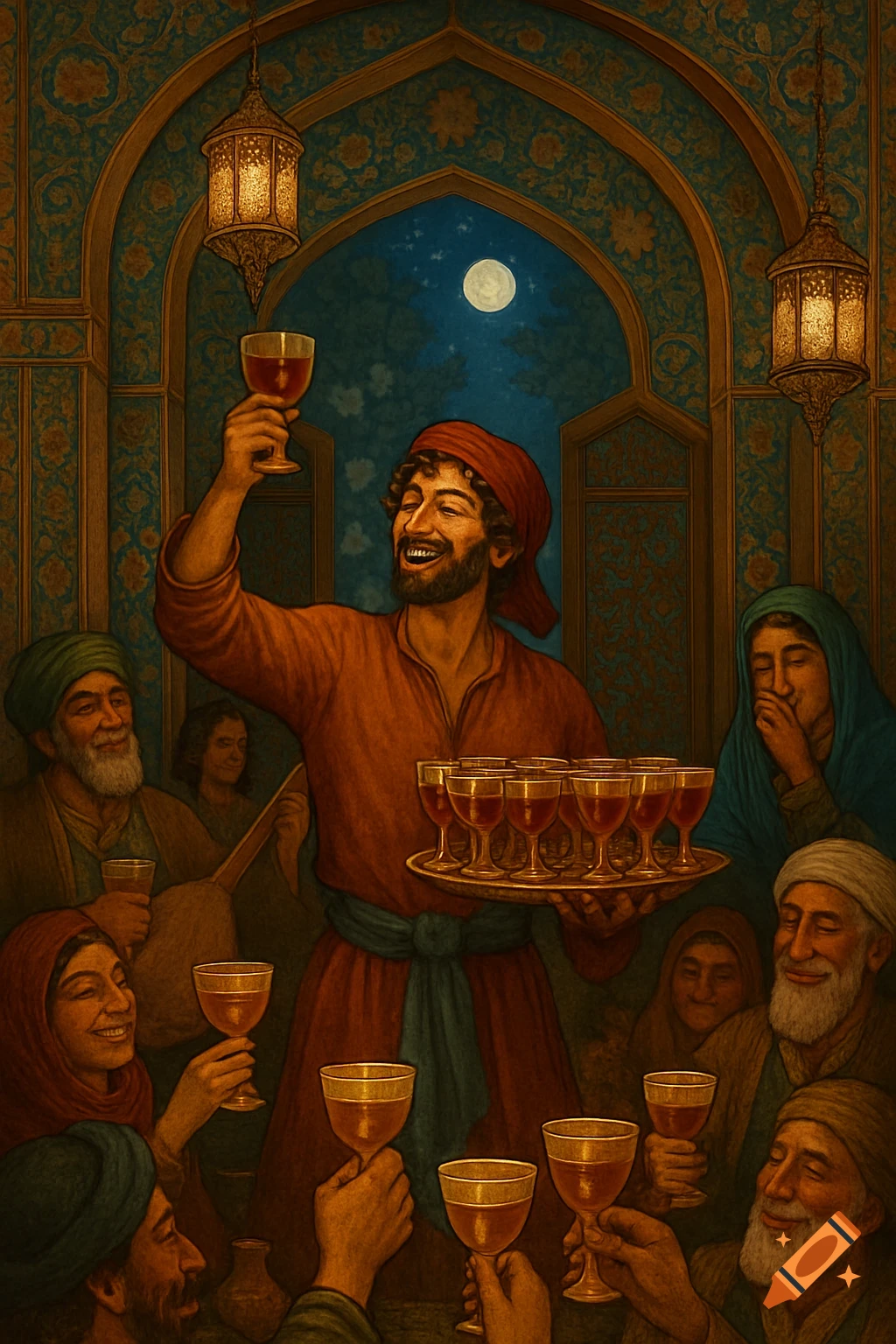 A lively group in traditional attire raising wine glasses, celebrating in an ornate room with lanterns and a moonlit arch, rendered in a classical style.