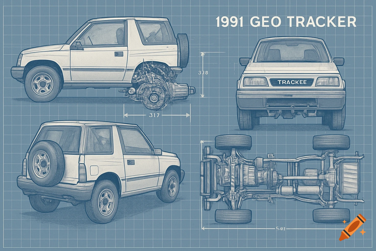 Blueprint illustrations of a 1991 Geo Tracker from multiple angles, including side, front, rear, and undercarriage views, with dimensions.