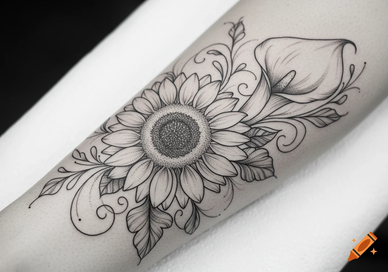 Detailed black and white tattoo featuring a sunflower and a calla lily with delicate stippling and flowing vines on an arm.