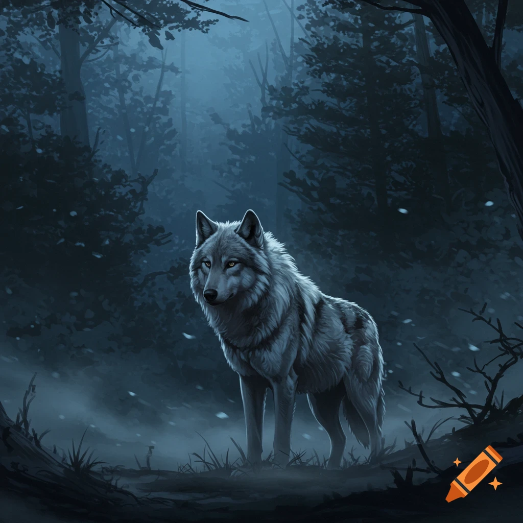 A grey wolf with glowing yellow eyes stands in a dark, misty forest ...