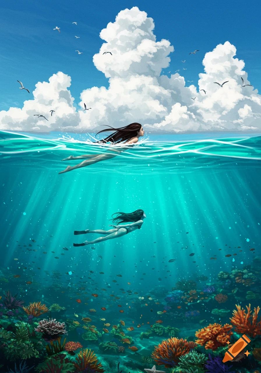 Woman swims in clear blue ocean water, half above the surface under a cloudy sky and half underwater with a vibrant coral reef.