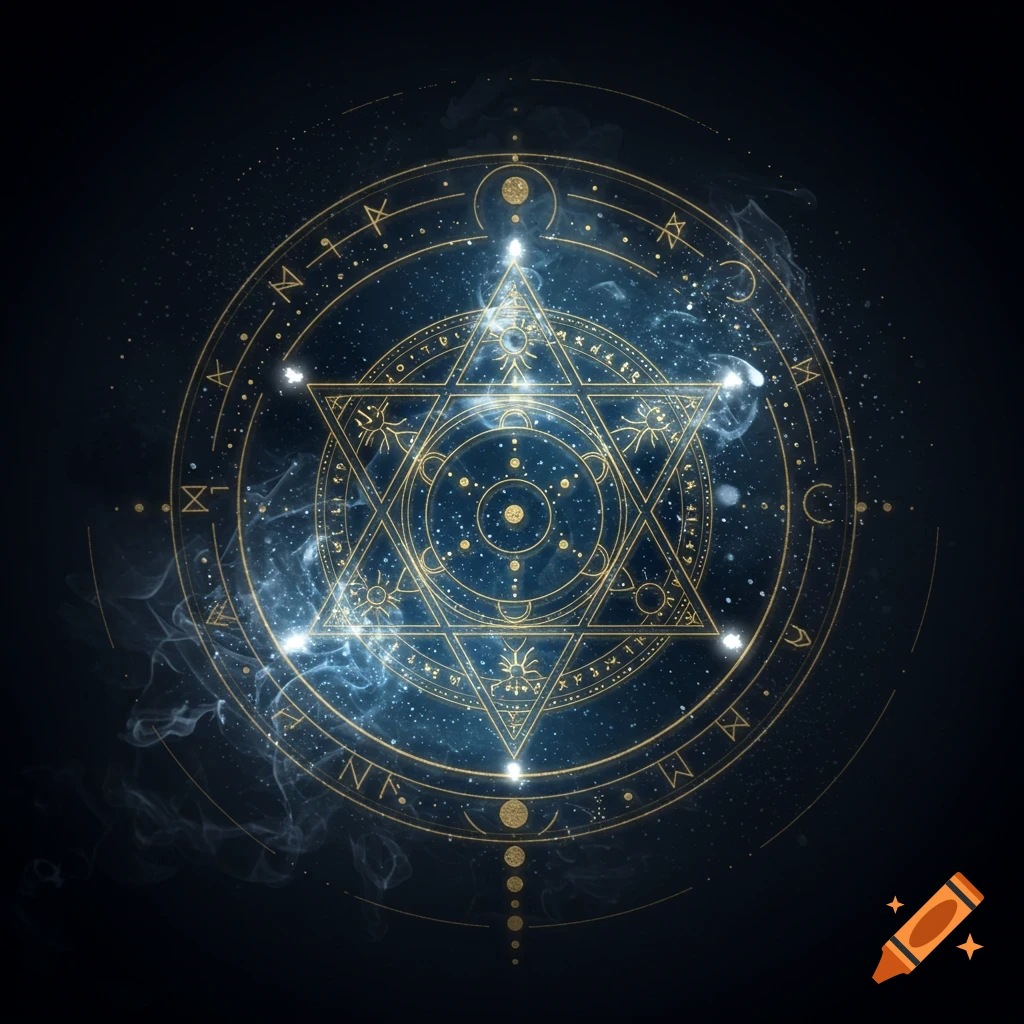 Glowing golden arcane symbol with intricate circles and runes on a dark, smoky, starry background.