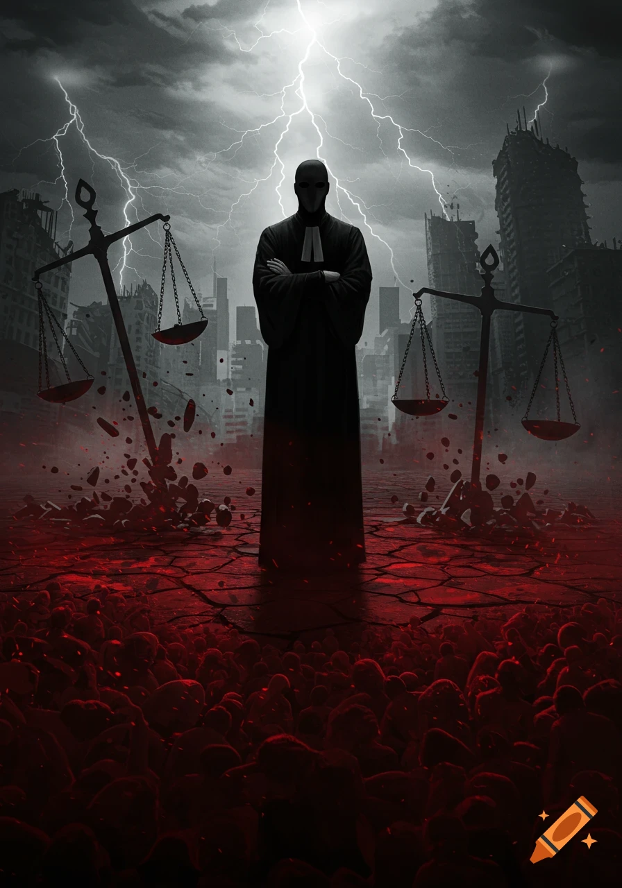 A shadowy robed figure stands between scales of justice under lightning and ruined buildings, above a red cracked ground and a crowd.
