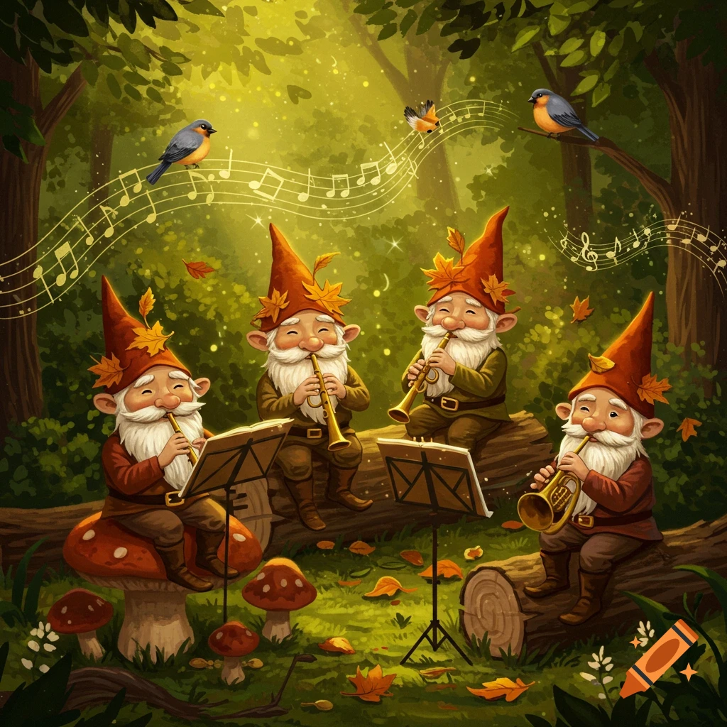 Four cheerful gnomes with orange hats and white beards play brass instruments in a sun-dappled forest, surrounded by musical notes and autumn leaves.