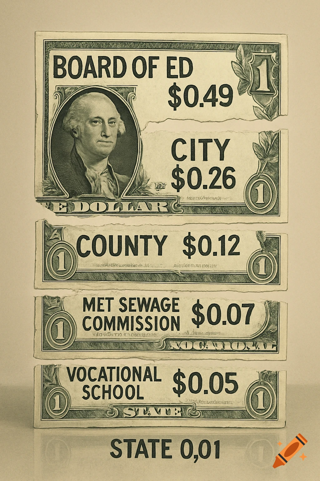 A stylized dollar bill torn into labeled segments showing how tax money is spent, with categories like 'BOARD OF ED $0.49', 'CITY $0.26', 'COUNTY $0.12', 'MET SEWAGE COMMISSION $0.07', 'VOCATIONAL SCHOOL $0.05', and 'STATE 0,01'.