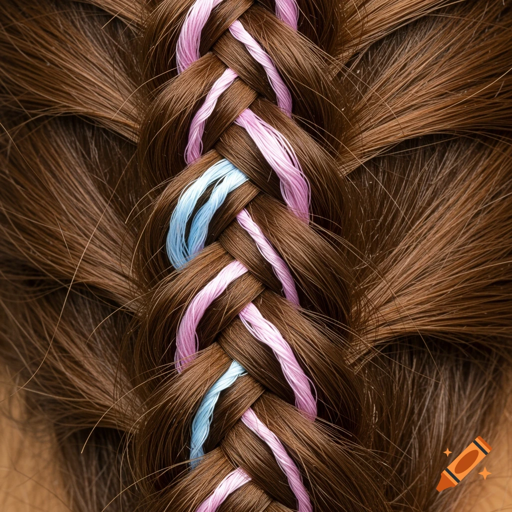Close-up of a brown hair braid with interwoven pink and blue yarn strands in a photorealistic style.