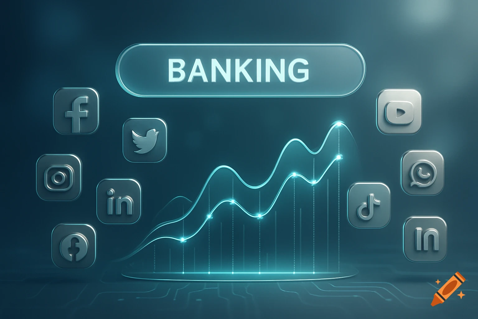 A glowing digital graph showing an upward trend, surrounded by social media icons like Facebook, Twitter, and Instagram, with 'BANKING' in a central search bar.