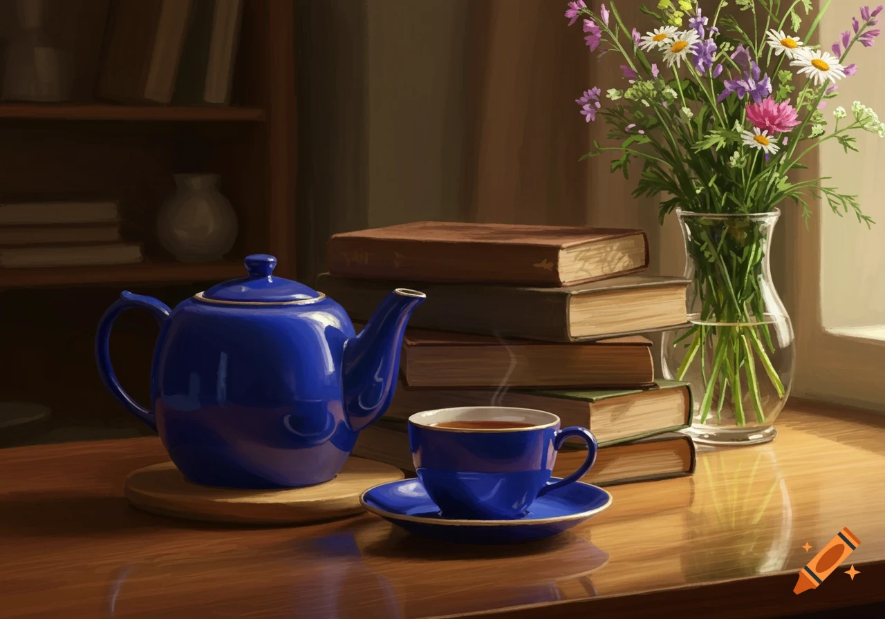 A blue teapot and cup, stacked books, and a vase of flowers on a wooden table near a window, rendered in a realistic painting style.