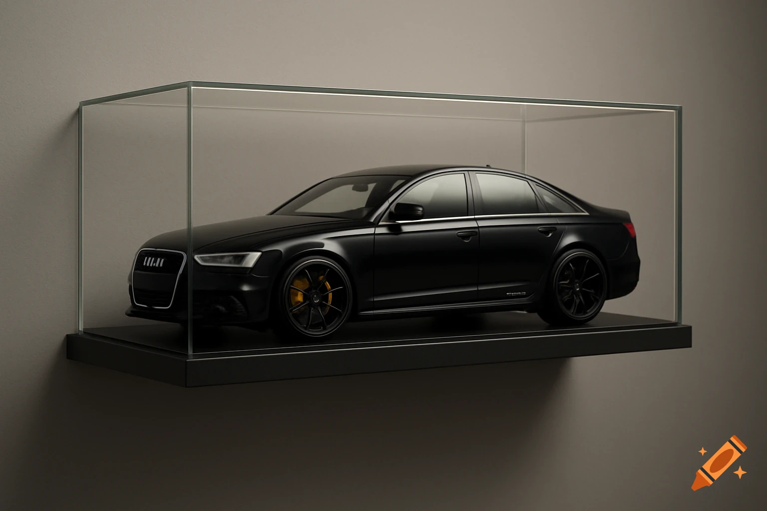 A black Audi model car with yellow brake calipers displayed in a glass case on a black shelf against a gray wall.