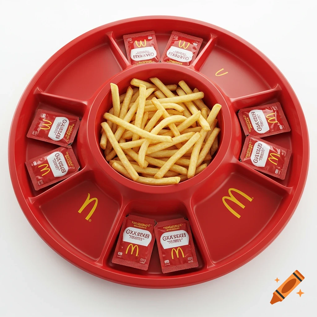 A top-down view of a red McDonald's serving tray with golden french fries in the center, surrounded by compartments holding red sauce packets.