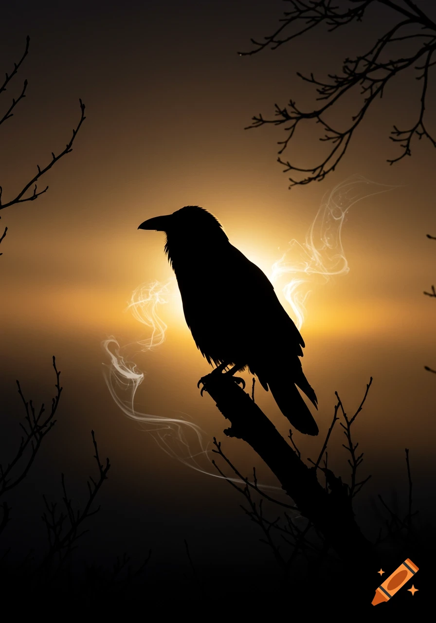 A black raven silhouette perches on a branch against a glowing orange and dark sky with wispy light.
