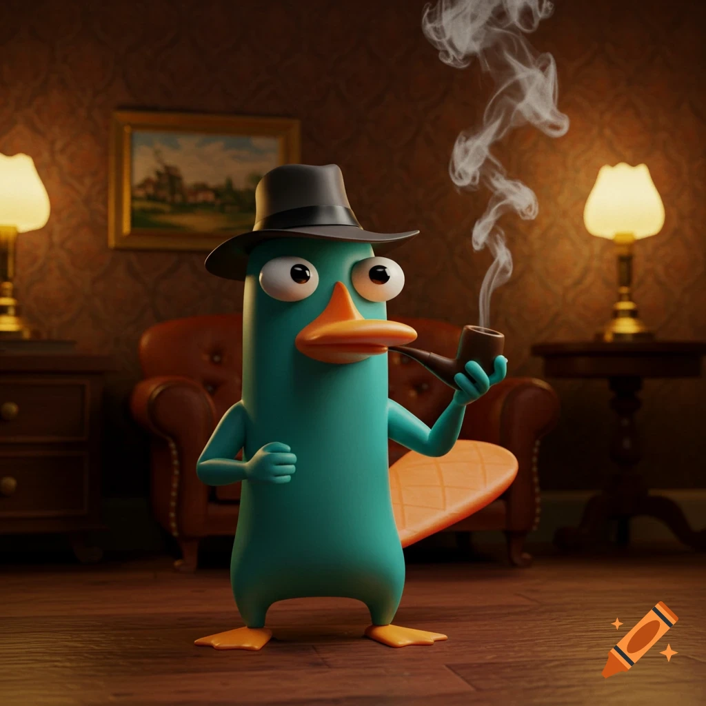 A 3D rendered stylized Perry the Platypus, wearing a fedora, stands in a dimly lit room, smoking a pipe.