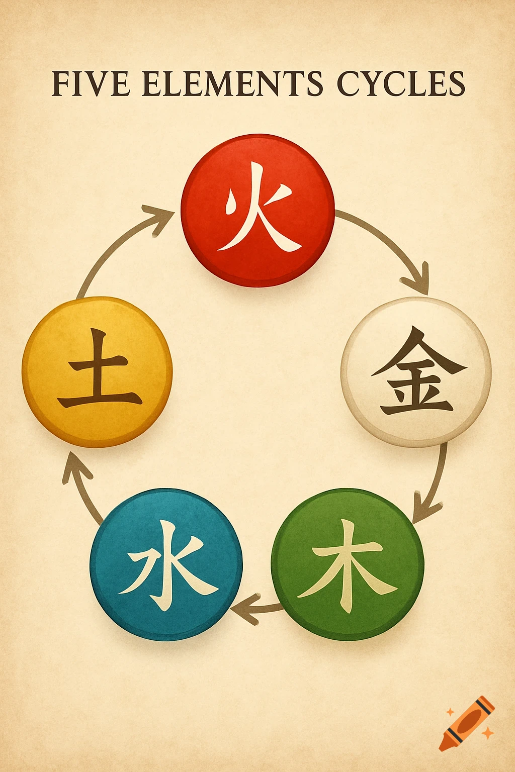 Diagram titled 'FIVE ELEMENTS CYCLES' with five colored circles showing Chinese characters for fire, earth, metal, water, and wood, connected by arrows.