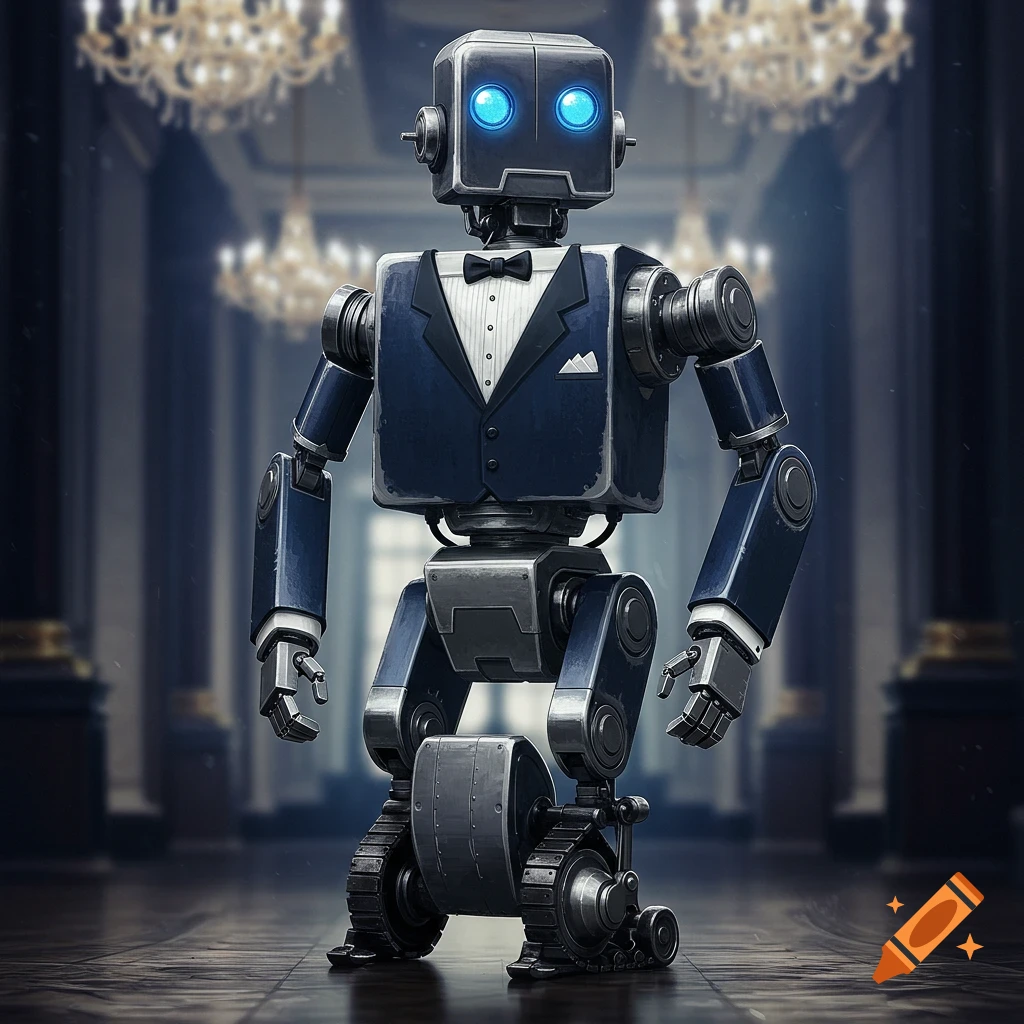 A square robot butler with glowing blue eyes, wearing a tuxedo with a bow tie, stands on tank treads in an elegant hall.