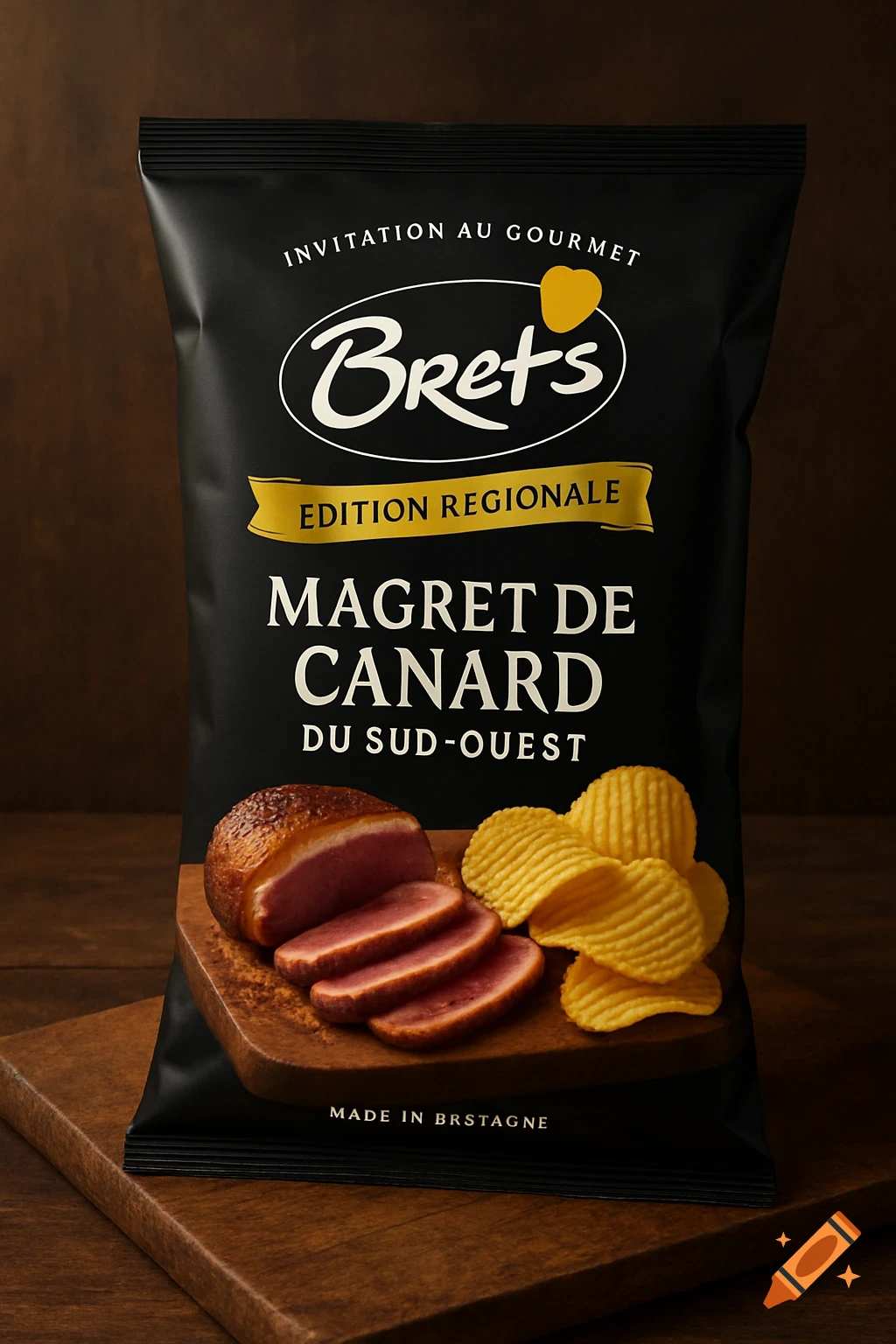 A black Brets potato chip bag with sliced duck breast and crinkle-cut chips on a wooden board.