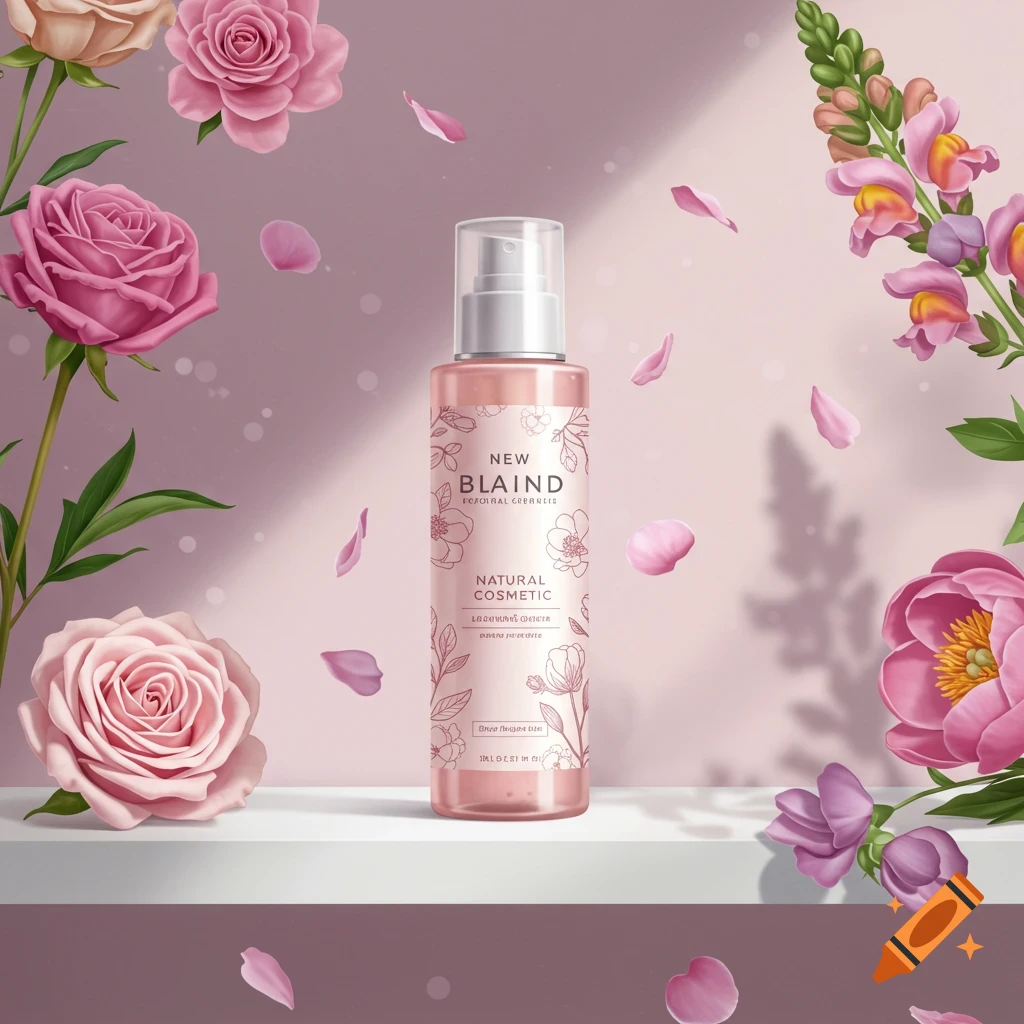 A pink cosmetic spray bottle with floral designs sits on a white shelf, surrounded by pink roses and other flowers, with petals falling.