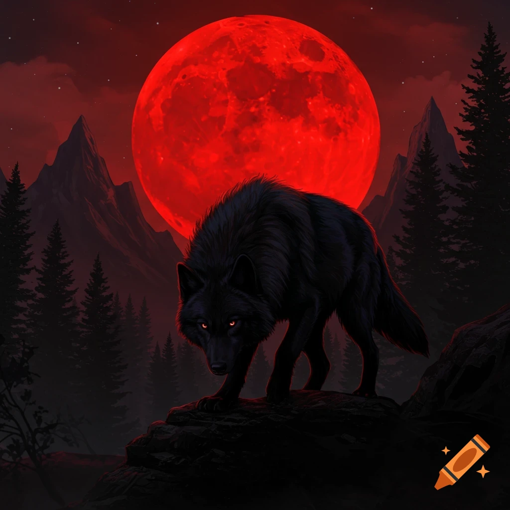 A menacing black wolf with glowing red eyes stands on dark rocks ...